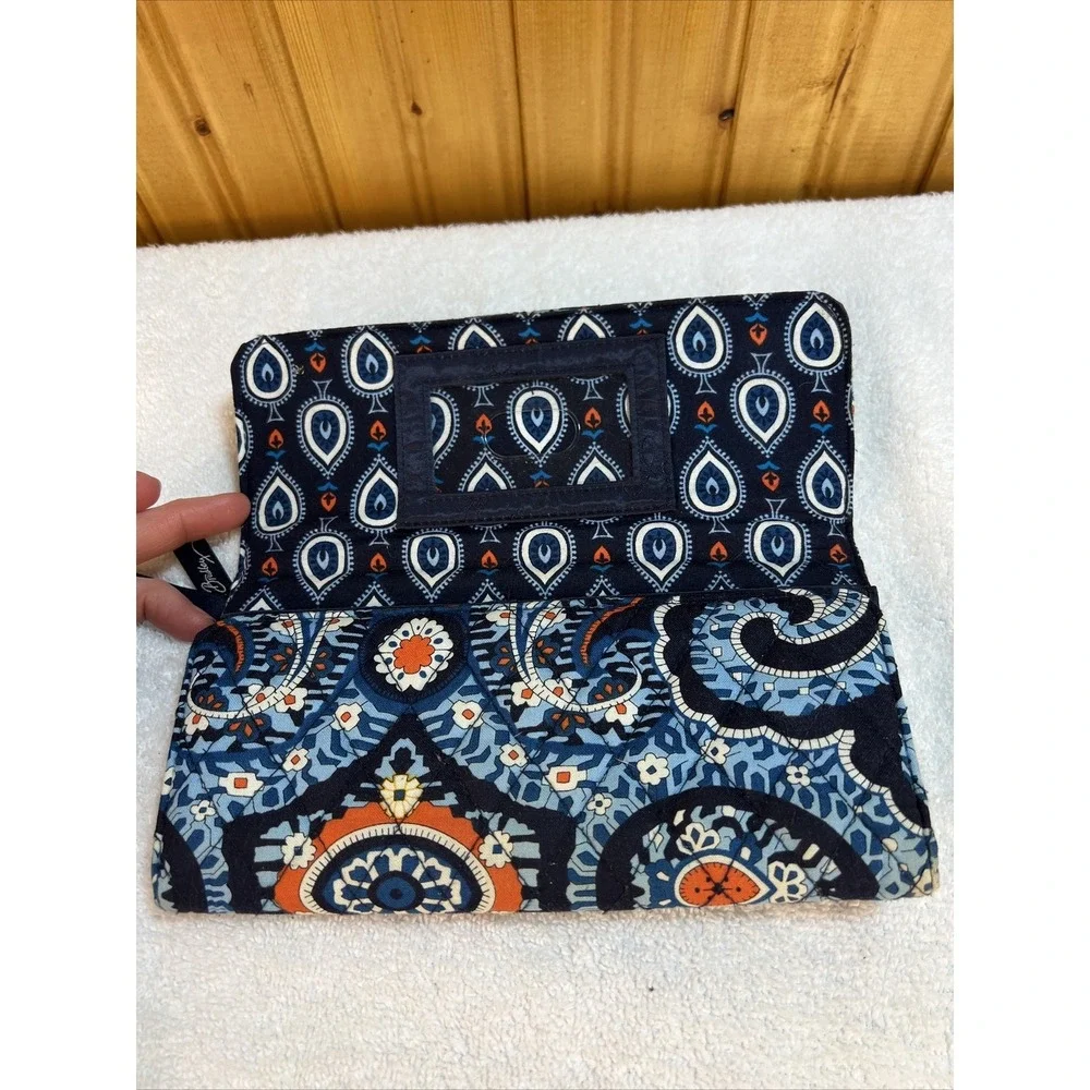Vera Bradley Trifold Wallet Magnetic Closure Navy Light Blue And Orange Used - Picture 5 of 11